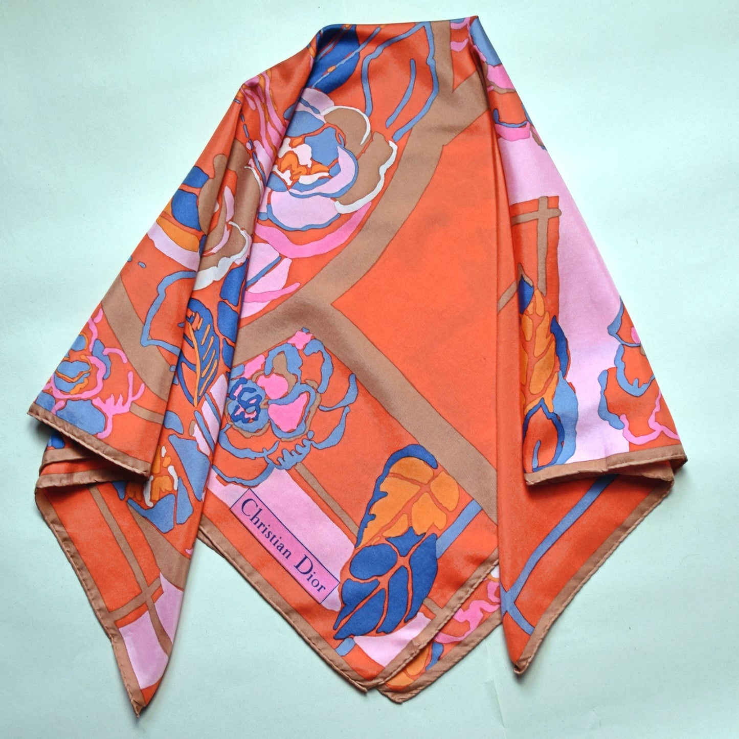 Vintage CHRISTIAN DIOR Silk Scarf, Headscarf, Orange Batik Roses Design