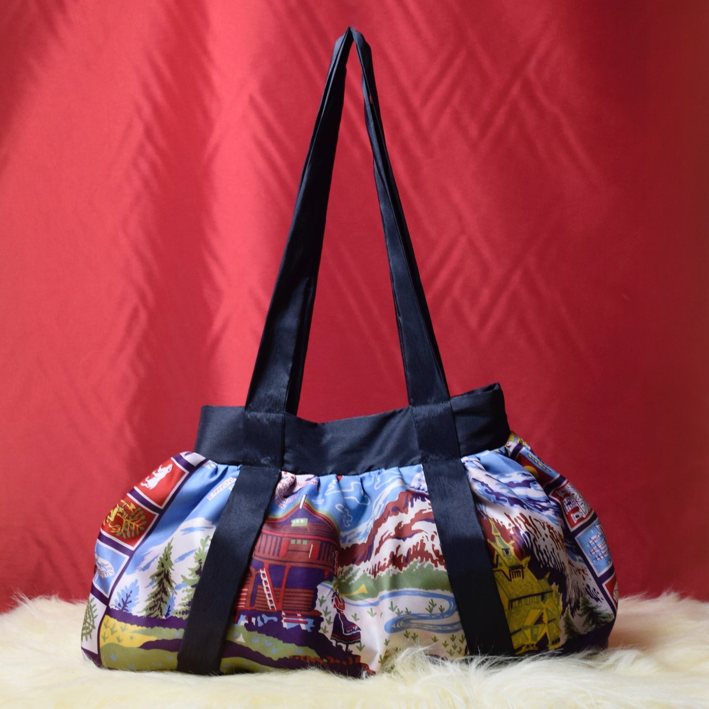 Upcycled Vintage Scarf Taffeta & Satin Shoulder Tote Bag