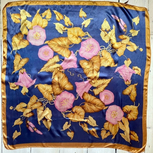 Upcycled Satin Scrunchie, Navy, Gold & Pink Floral Vintage Scarf
