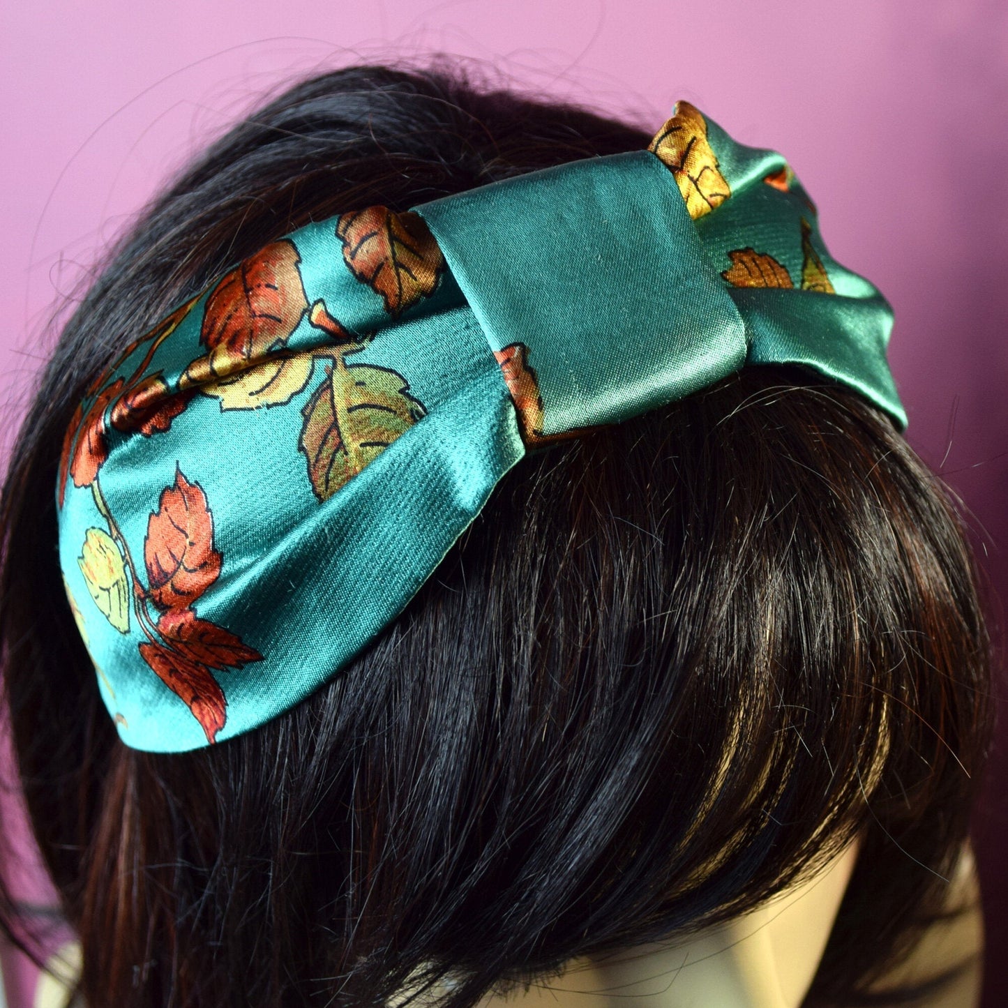 Green Satin Headband - Leaf Print - Headbands