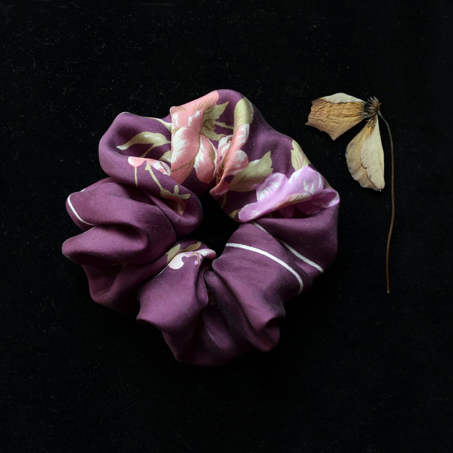 Purple Floral Print Silk Scrunchie