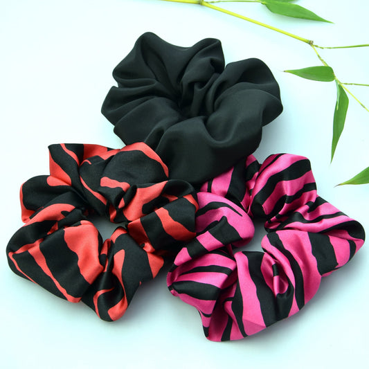 Satin Scrunchie Pack in Pink and Crimson Tiger Print
