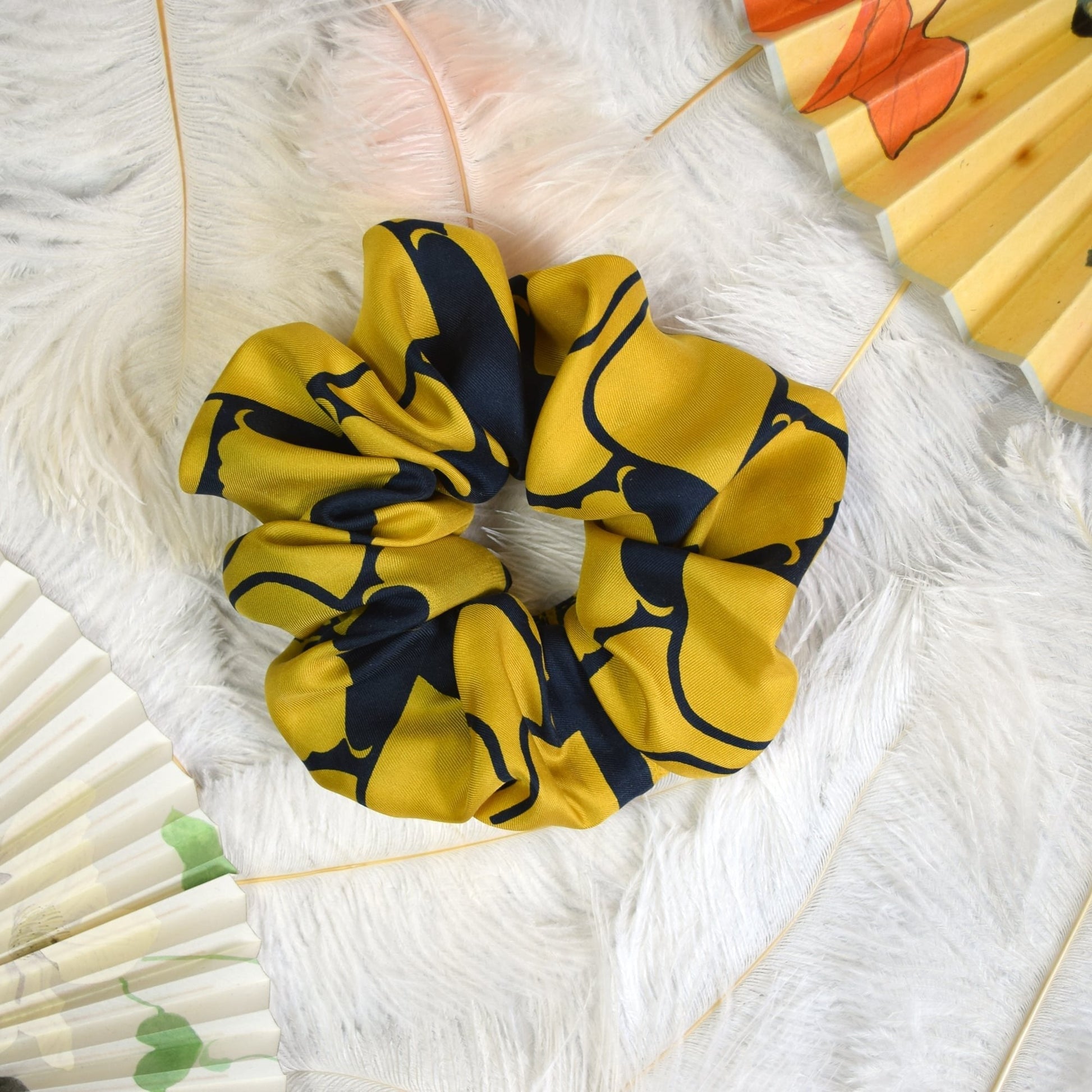 Upcycled Silk Scarf Scrunchie in Navy and Old Gold