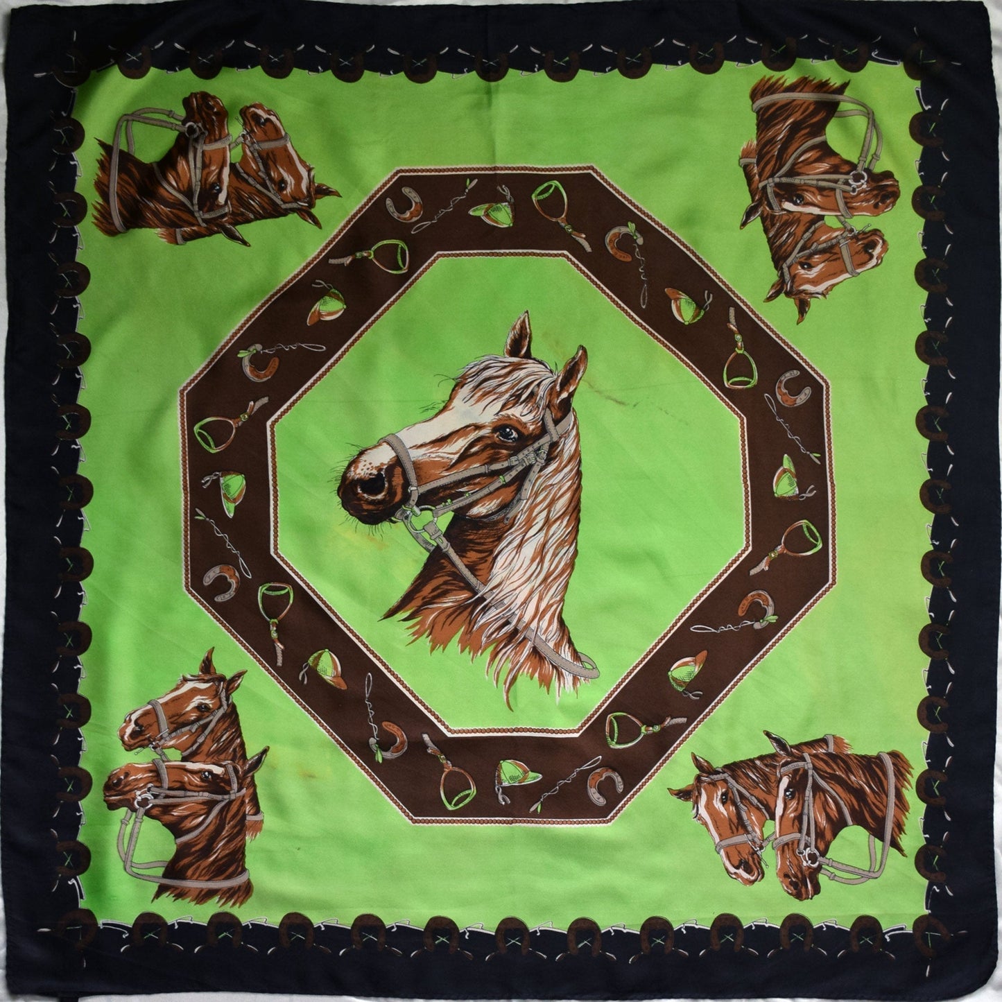 Vintage Equestrian Print Green Silk Headband