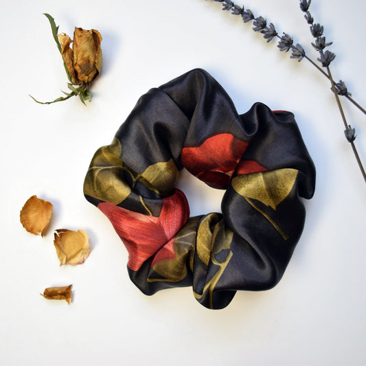 Vintage Scarf Satin Scrunchie Black Rose Floral Print