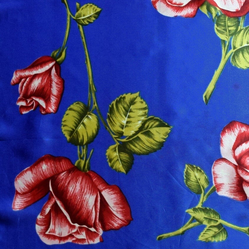 Vintage Scarf Satin Scrunchie Rose Floral Print Blue 